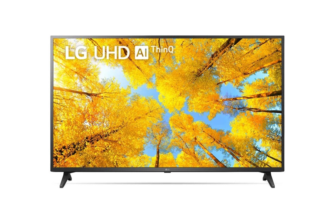 LG 50 colių UHD 4K televizorius 50UQ7500, LG UHD televizoriaus vaizdas iš priekio su papildomu vaizdu ir gaminio logotipu, 50UQ75003LF