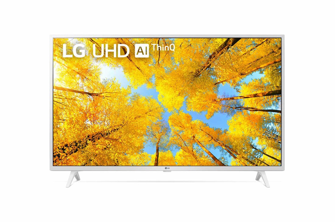LG 43 colių UHD 4K televizorius 43UQ7690, LG UHD televizoriaus vaizdas iš priekio su papildomu vaizdu ir gaminio logotipu, 43UQ76903LE