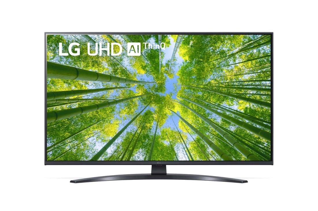 LG 43 colių UHD 4K televizorius 43UQ8100, LG UHD televizoriaus vaizdas iš priekio su papildomu vaizdu ir gaminio logotipu, 43UQ81003LB