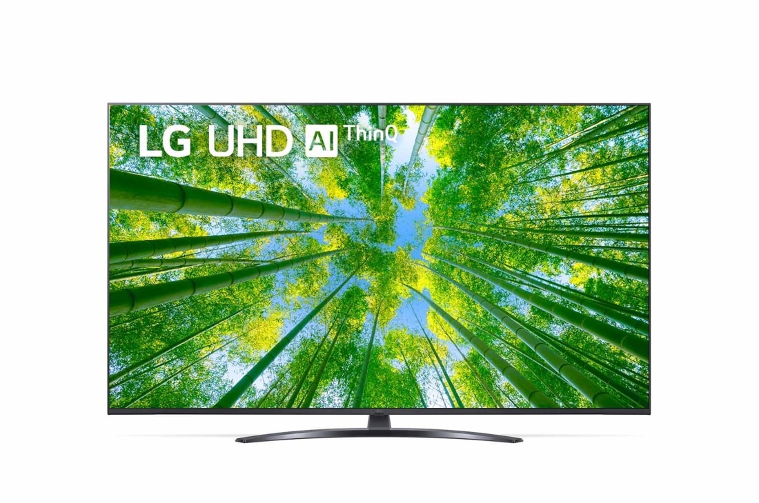 LG 50 colių UHD 4K televizorius 50UQ8100, LG UHD televizoriaus vaizdas iš priekio su papildomu vaizdu ir gaminio logotipu, 50UQ81003LB