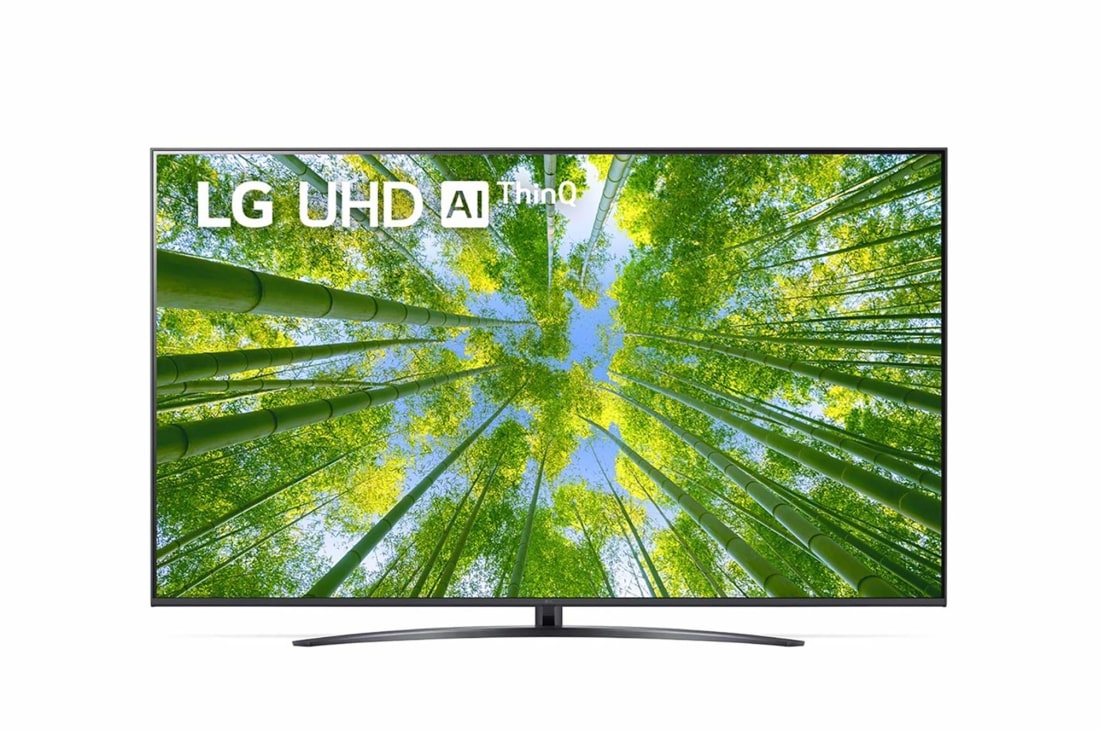 LG 70 colių UHD 4K televizorius  70UQ8100, LG UHD televizoriaus vaizdas iš priekio su papildomu vaizdu ir gaminio logotipu, 70UQ81003LB