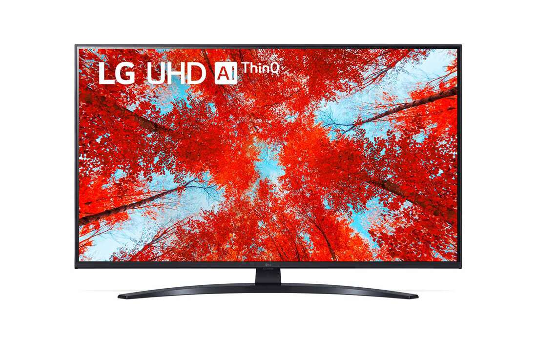 LG 43 colių UHD 4K televizorius 43UQ9100, LG UHD televizoriaus vaizdas iš priekio su papildomu vaizdu ir gaminio logotipu, 43UQ91003LA