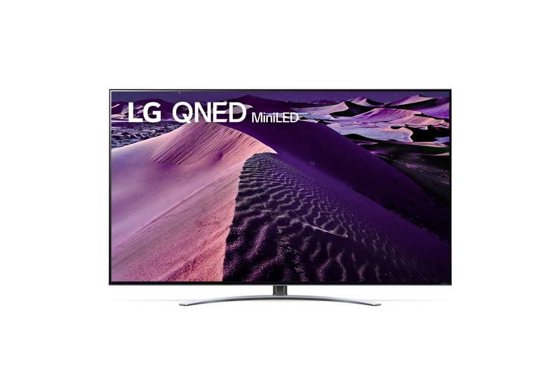 LG 75 colių QNED televizorius, LG QNED televizoriaus vaizdas iš priekio su papildomu vaizdu ir gaminio logotipu, 75QNED873QB