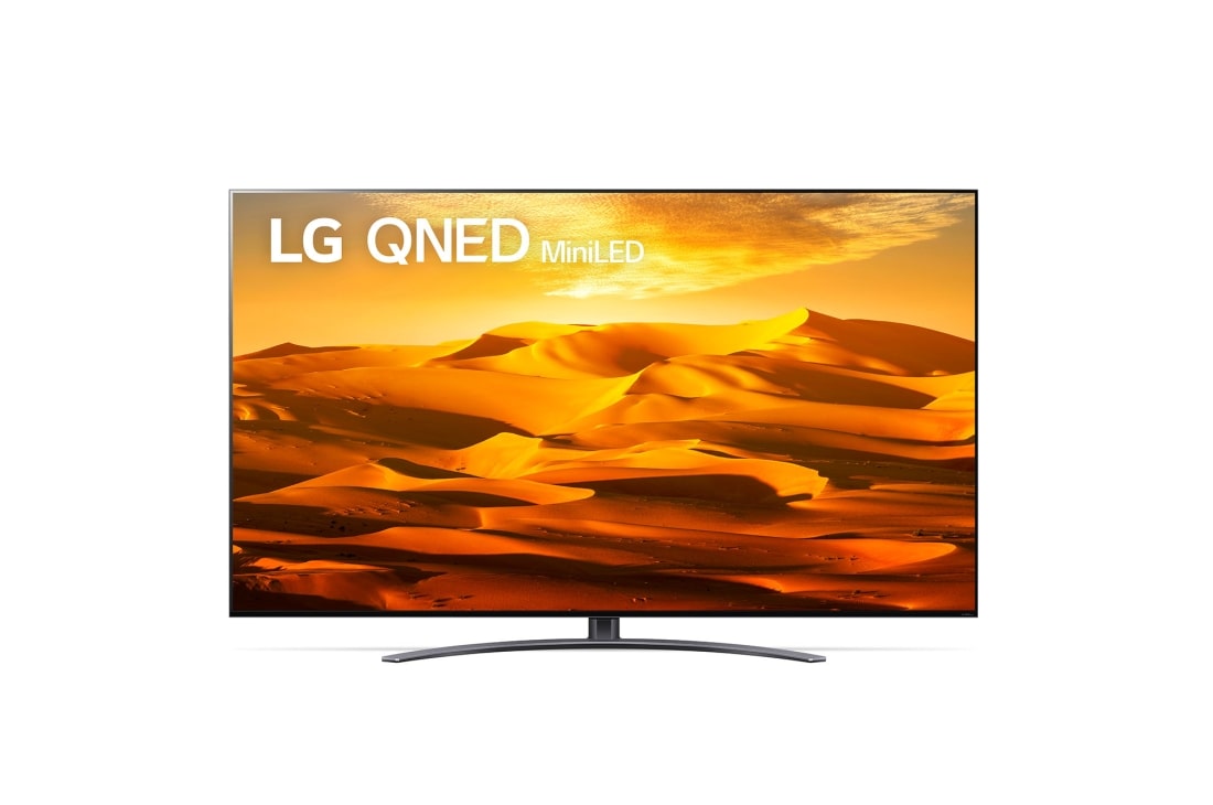 LG 86 colių QNED  televizorius, LG QNED televizoriaus vaizdas iš priekio su papildomu vaizdu ir gaminio logotipu, 86QNED913QA