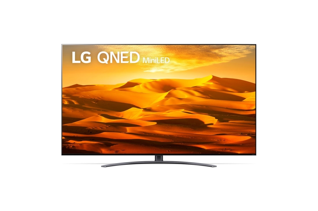 LG 65 colių QNED  televizorius, LG QNED televizoriaus vaizdas iš priekio su papildomu vaizdu ir gaminio logotipu, 65QNED913QA