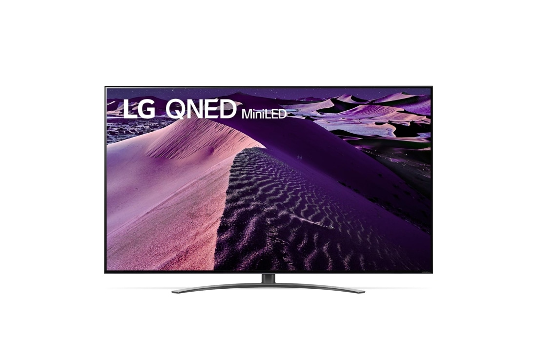 LG 86 colių QNED  televizorius, LG QNED televizoriaus vaizdas iš priekio su papildomu vaizdu ir gaminio logotipu, 86QNED863QA