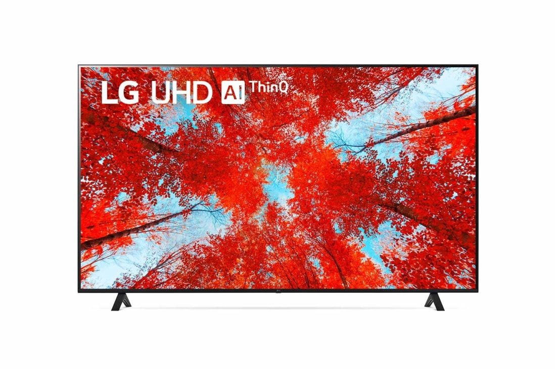 LG 75 colių UHD 4K televizorius  75UQ9000, LG UHD televizoriaus vaizdas iš priekio su papildomu vaizdu ir gaminio logotipu, 75UQ90003LA