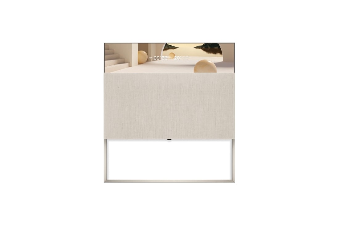 LG OLED | Objet collection ''Easel'', Iš priekio „Line View“ režimu matomas „Easel“, rodomas laikrodžio režimas su smėlio spalvos architektūros tema., 65ART90E6QA, thumbnail 6