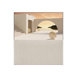 Iš priekio „Line View“ režimu matomas „Easel“, rodomas laikrodžio režimas su smėlio spalvos architektūros tema.2