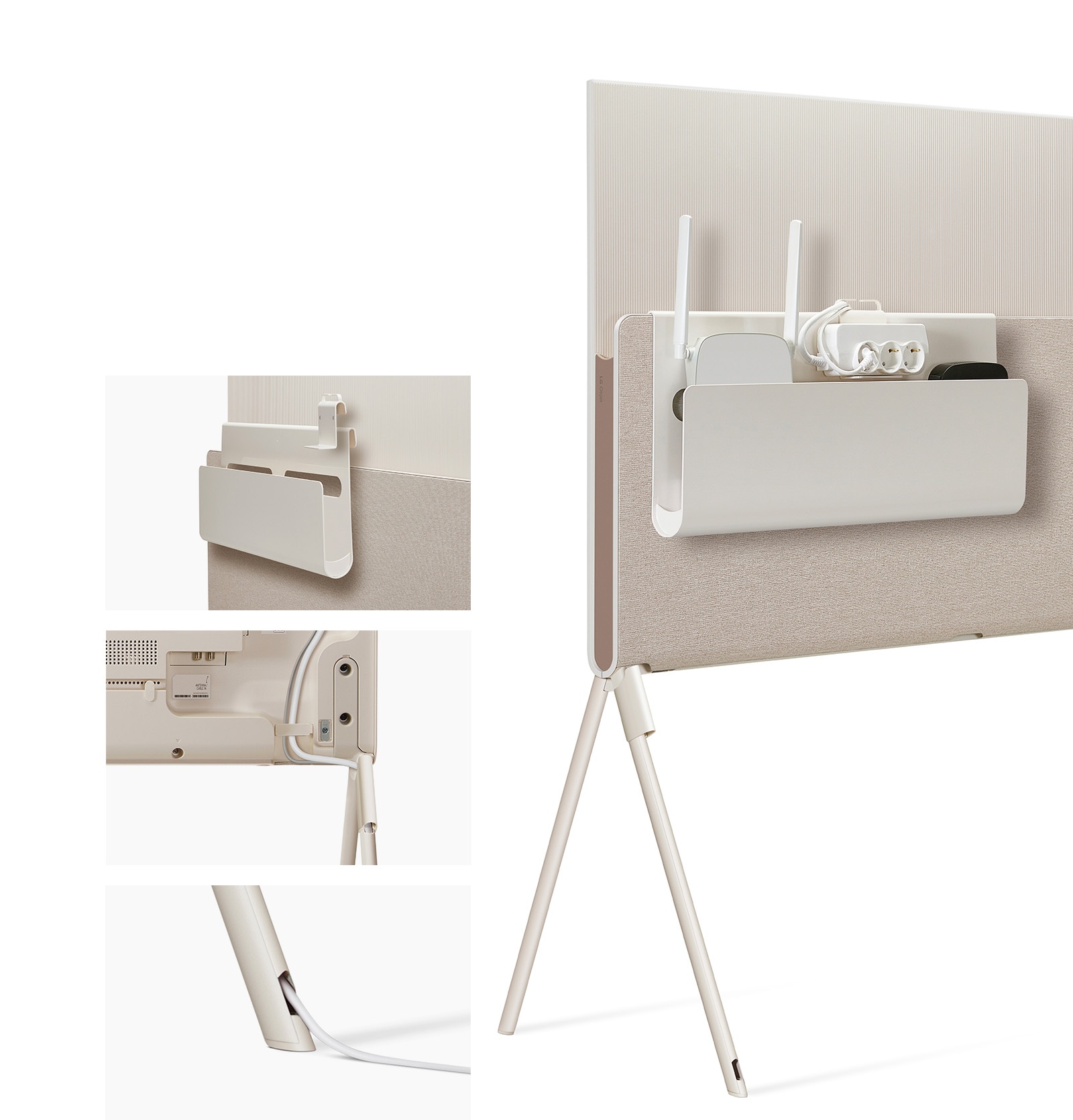 Priartintas „Posé“ laidų ir priedų dėklo, prispausto prie knygų lentynėlės, vaizdas. Priartintas nuimamo laidų laikiklio, esančio ant televizoriaus pagrindo, vaizdas. Priartintas laido, išvedamo iš televizoriaus stovo kojos, vaizdas. Dalinis „Posé“ vaizdas iš galinės pusės, kuriame matomas laidų ir priedų dėklas, laikantis maršrutizatorių, elektros kištuko lizdą ir įrenginį.