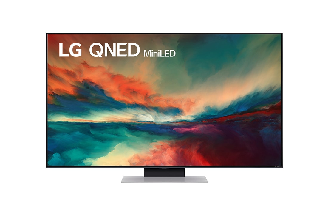 LG „LG QNED Mini LED“ 55 86 colių 4K išmanusis televizorius, 2023 m., LG QNED televizoriaus vaizdas iš priekio su papildomu vaizdu ir gaminio logotipu, 55QNED863RE