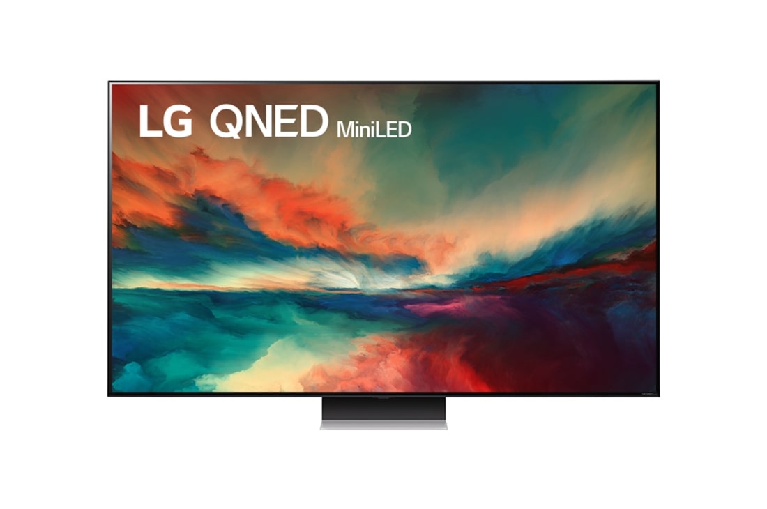 LG „LG QNED Mini LED“ 75 86 colių 4K išmanusis televizorius, 2023 m., LG QNED televizoriaus vaizdas iš priekio su papildomu vaizdu ir gaminio logotipu, 75QNED863RE