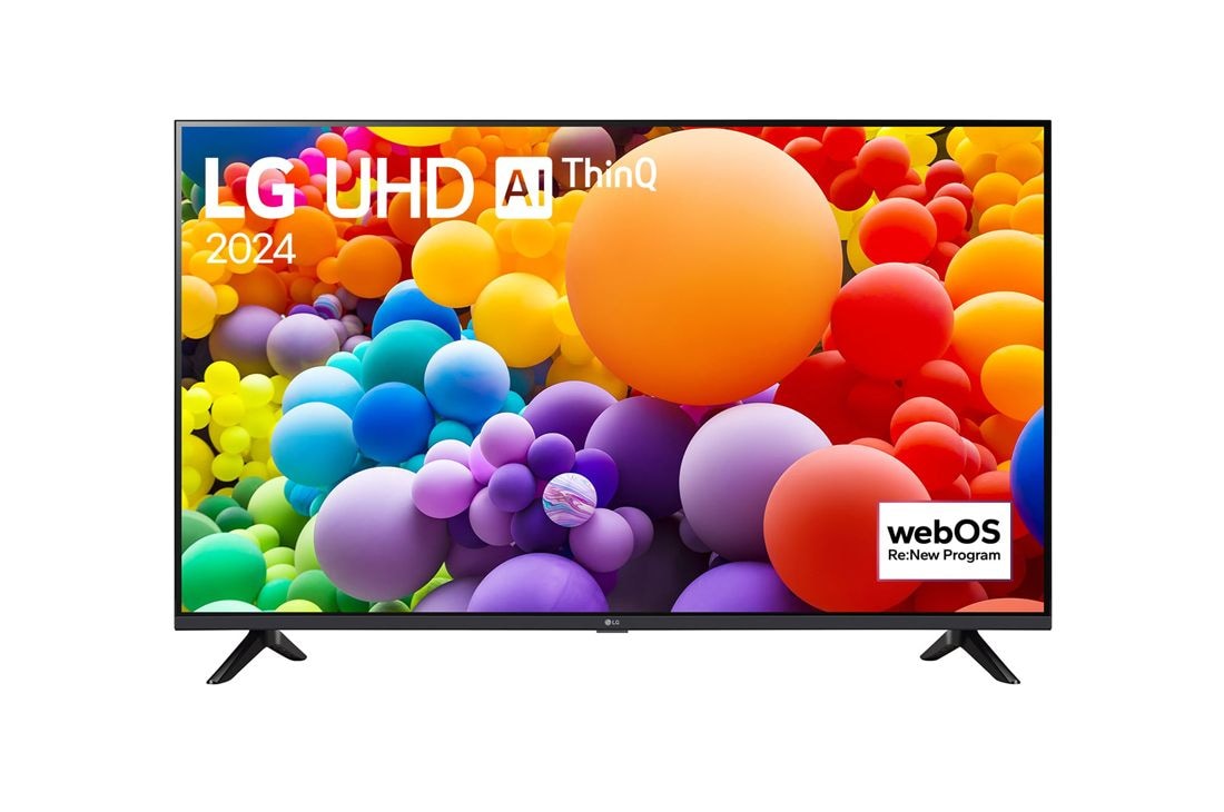 LG 65 colių LG UHD UT73 4K išmanusis TV 2024, LG UHD TV vaizdas iš priekio, UT73 su tekstu LG UHD AI ThinQ, 2024, ir „webOS Re:New Program“ logotipas ekrane, 65UT73003LA