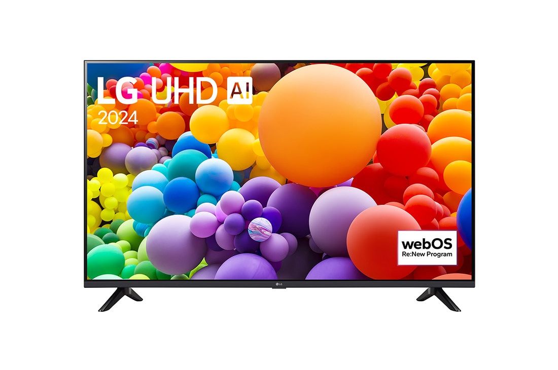 LG 65 colių LG UHD UT73 4K išmanusis TV 2024, LG UHD TV vaizdas iš priekio, UT73 su tekstu LG UHD AI ThinQ, 2024, ir „webOS Re:New Program“ logotipas ekrane, 65UT73003LA