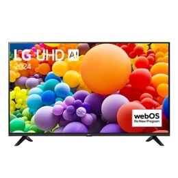 LG UHD TV vaizdas iš priekio, UT73 su tekstu LG UHD AI ThinQ, 2024, ir „webOS Re:New Program“ logotipas ekrane2