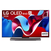 LG 77 colių LG OLED evo AI C4 4K išmanusis TV OLED77C4 WebOS24 2024, Vaizdas iš priekio su LG OLED evo televizoriumi, OLED C4, „11 Years of world number 1 OLED Emblem“ logotipu ir „webOS Re:New Program" logotipu ekrane, taip pat žemiau esančia Soundbar, OLED77C42LA, thumbnail 1