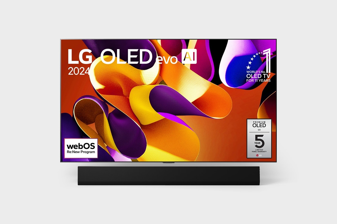 LG 77 colių LG OLED evo AI G4 4K išmanusis TV OLED77G4 WebOS24 2024, Vaizdas iš priekio su LG OLED evo TV, OLED G4, emblema „11 Years of world number 1 OLED“, logotipu „webOS Re:New Program“, „5-Year Panel Warranty“ logotipu ekrane, taip pat žemiau esančia Soundbar, OLED77G42LW
