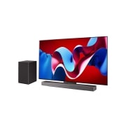 LG 55 colių LG OLED evo AI C4 4K išmanusis TV OLED55C4 WebOS24 2024, Šiek tiek pasviręs LG OLED evo televizoriaus šoninis vaizdas iš dešinės pusės, OLED C4 su žemiau esančia LG Soundbar garso juosta ir žemų dažnių garsiakalbiu šone, OLED55C41LA, thumbnail 2