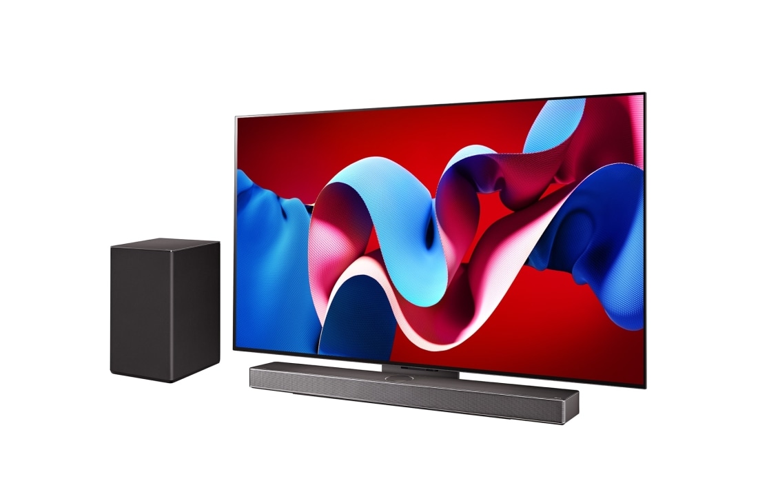 LG 55 colių LG OLED evo AI C4 4K išmanusis TV OLED55C4 WebOS24 2024, Šiek tiek pasviręs LG OLED evo televizoriaus šoninis vaizdas iš dešinės pusės, OLED C4 su žemiau esančia LG Soundbar garso juosta ir žemų dažnių garsiakalbiu šone, OLED55C42LA, thumbnail 2