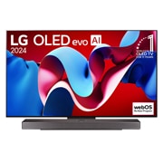 LG 55 colių LG OLED evo AI C4 4K išmanusis TV OLED55C4 WebOS24 2024, Vaizdas iš priekio su LG OLED evo televizoriumi, OLED C4, „11 Years of world number 1 OLED Emblem“ logotipu ir „webOS Re:New Program" logotipu ekrane, taip pat žemiau esančia Soundbar, OLED55C42LA, thumbnail 1