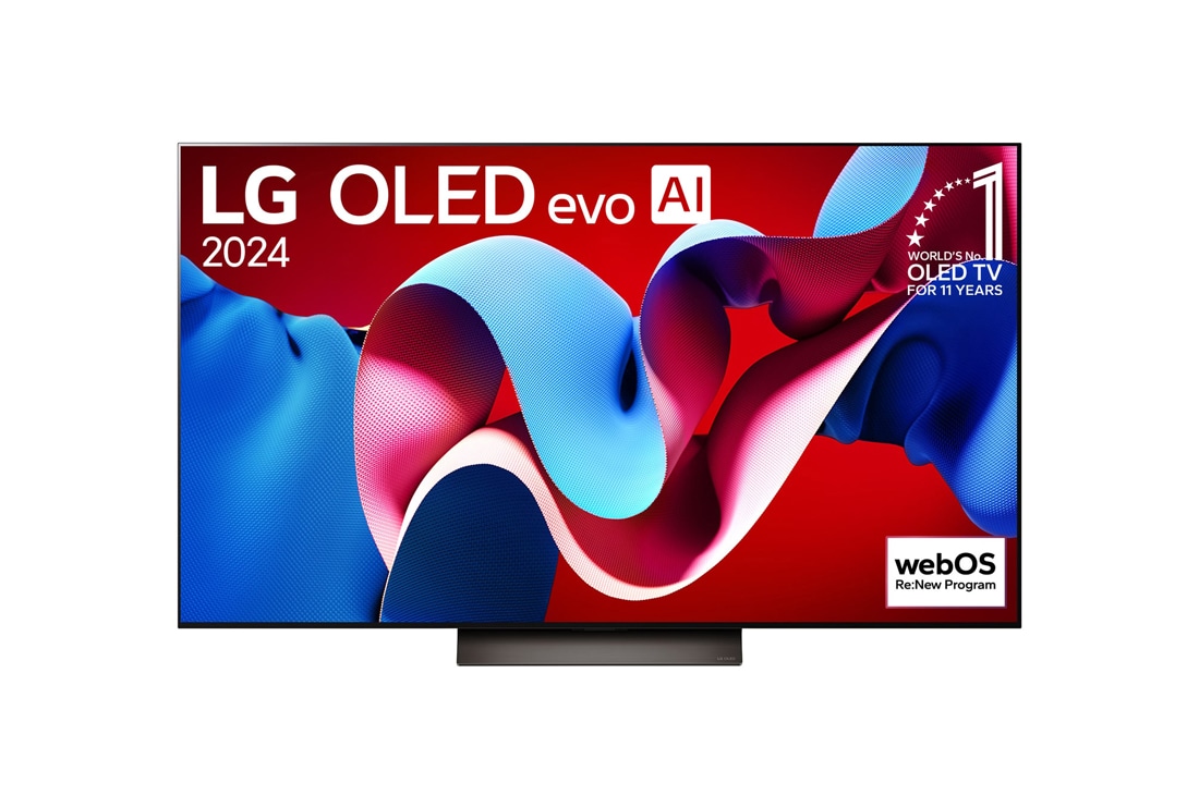 LG 55 colių LG OLED evo AI C4 4K išmanusis TV OLED55C4 WebOS24 2024, Vaizdas iš priekio su LG OLED evo televizoriumi OLED C4, „11 Years of world number 1 OLED Emblem“ logotipu ir „webOS Re:New Program“ logotipu ekrane, OLED55C42LA, thumbnail 5
