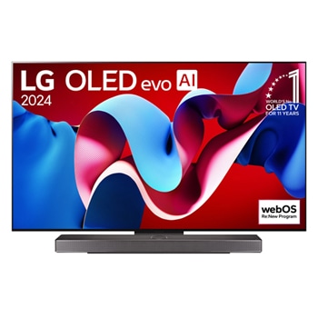 Vaizdas iš priekio su LG OLED evo televizoriumi, OLED C4, „11 Years of world number 1 OLED Emblem“ logotipu ir „webOS Re:New Program" logotipu ekrane, taip pat žemiau esančia Soundbar