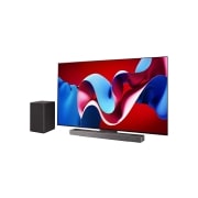 LG 77 colių LG OLED evo AI C4 4K išmanusis TV OLED77C4 WebOS24 2024, Šiek tiek pasviręs LG OLED evo televizoriaus šoninis vaizdas iš dešinės pusės, OLED C4 su žemiau esančia LG Soundbar garso juosta ir žemų dažnių garsiakalbiu šone, OLED77C41LA, thumbnail 2