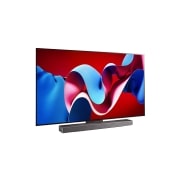 LG 77 colių LG OLED evo AI C4 4K išmanusis TV OLED77C4 WebOS24 2024, Šiek tiek pasviręs LG OLED evo televizoriaus vaizdas iš dešinės pusės, OLED C4 su LG garso juosta apačioje, OLED77C41LA, thumbnail 3