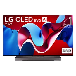 Vaizdas iš priekio su LG OLED evo televizoriumi, OLED C4, „11 Years of world number 1 OLED Emblem“ logotipu ir „webOS Re:New Program" logotipu ekrane, taip pat žemiau esančia Soundbar2