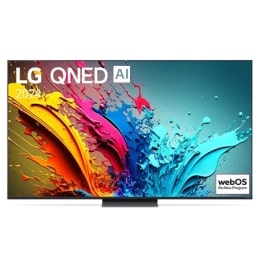LG QNED TV vaizdas iš priekio, QNED86 su tekstu LG QNED, 2024, ir „webOS Re:New Program“ logotipas ekrane2