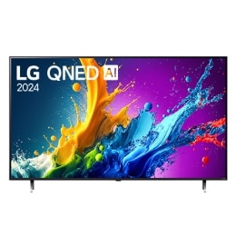 LG QNED TV vaizdas iš priekio, QNED80 su tekstu LG QNED, 2024, ir „webOS Re:New Program“ logotipas ekrane2