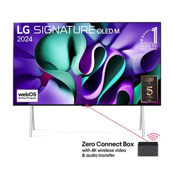 Vaizdas iš priekio su LG OLED TV, OLED M4 SIGNATURE, „11 metų pirmosios vietos pasaulyje OLED“ emblema, webOS Re:New programos logotipu,1