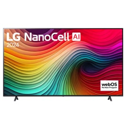 LG NanoCell TV vaizdas iš priekio, NANO81 su tekstu LG NanoCell, 2024, ir „webOS Re:New Program“ logotipas ekrane2