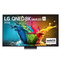 LG QNED TV vaizdas iš priekio, QNED99 su tekstu LG QNED 8K MiniLED, 2025, ir „webOS Re:New Program“ logotipas ekrane2