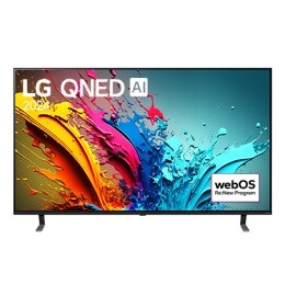LG QNED TV vaizdas iš priekio, QNED85 su tekstu LG QNED, 2024, ir „webOS Re:New Program“ logotipas ekrane2