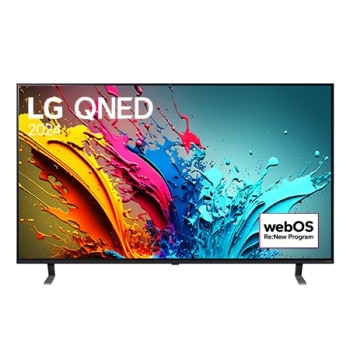 LG QNED TV vaizdas iš priekio, QNED85 su tekstu LG QNED, 2024, ir „webOS Re:New Program“ logotipas ekrane1