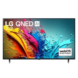 LG QNED TV vaizdas iš priekio, QNED85 su tekstu LG QNED, 2024, ir „webOS Re:New Program“ logotipas ekrane2