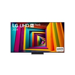 LG UHD TV vaizdas iš priekio, UT73 su tekstu LG UHD AI ThinQ, 2024, ir „webOS Re:New Program“ logotipas ekrane2