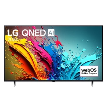 LG QNED TV vaizdas iš priekio, QNED85 su tekstu LG QNED, 2024, ir „webOS Re:New Program“ logotipas ekrane1