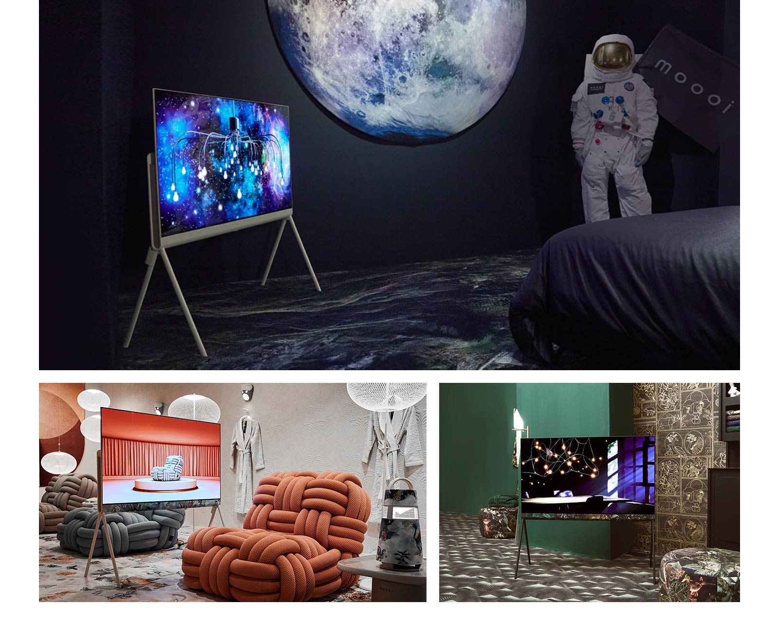 LG OLED Posé pavaizduotas juodame kosmoso tematikos kambaryje, kuriame eksponuojamas abstraktus tarpgalaktinis meno kūrinys. Kambaryje taip pat yra mėnulio ir astronauto paveikslas.   LG OLED Posé yra kreminiame kambaryje su spalvų užuominomis. Kambaryje vaizduojami foteliai padengti terakotos ir medžio anglies spalvų austa medžiaga, taip pat matomi balti rutulio formos šviestuvai ir ant sienos pakabinti maudymosi chalatai. TV vaizduojami ant platformos pastatyti tos pačios medžio anglies spalvos foteliai terakotos spalvos kambaryje.  LG OLED Posé yra puošniame smaragdo žalumo kambaryje. Televizoriaus ekrane matoma kaip pro langų stiklus ant stalo krinta šviesa. Kambaryje taip pat yra juodos ir auksinės ornamentuotos plytelės ir juodos gėlių raštais dekoruotos tekstilinės taburetės. 