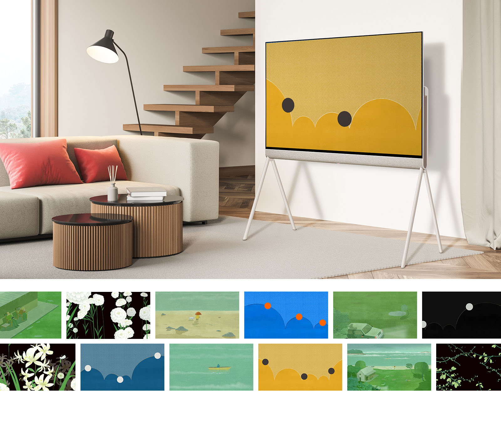 LG OLED Posé svetainėje rodomas ryškus mėlynas meno kūrinys su oranžiniais apskritimais ekrane. Kai apskritimai atšoka, paveikslo spalva pasikeičia iš mėlynos į garstyčių geltoną. Toliau keli meno kūriniai išdėstyti karuselės forma.