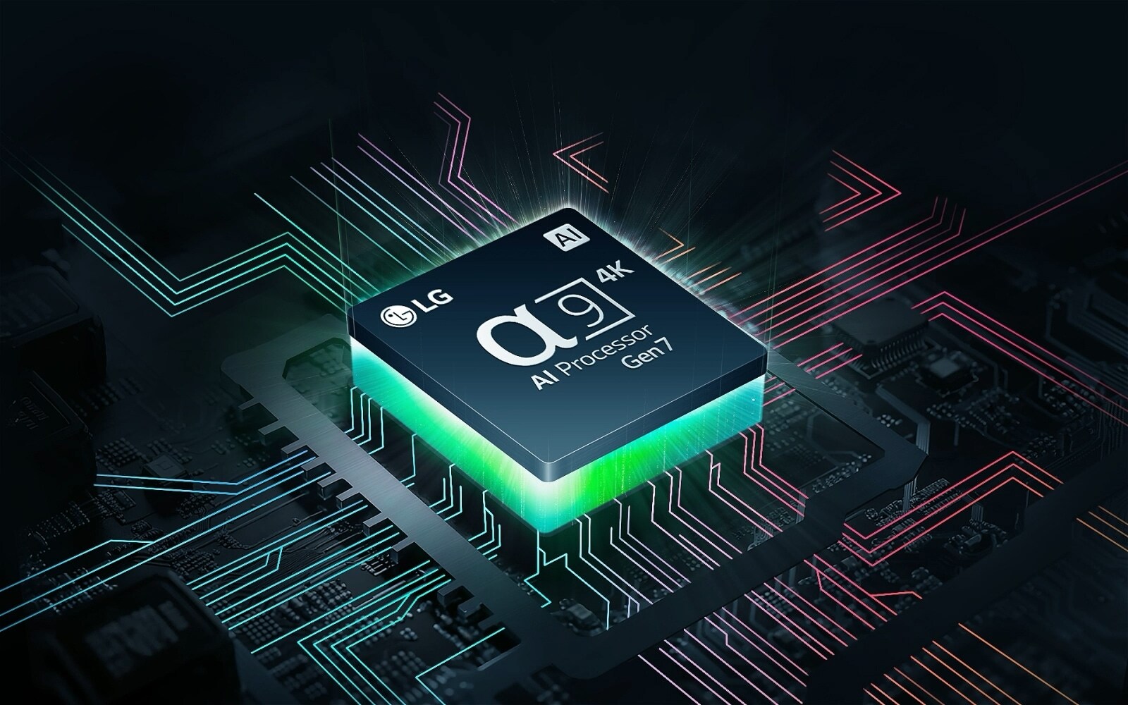 LG „alpha&nbsp;9“ DI „Processor“ 4K Gen7 su apačioje sklindančia žalia šviesa ir nuo DI „Processor“ atsišakojančiomis spalvotomis spausdintinių plokščių linijomis.