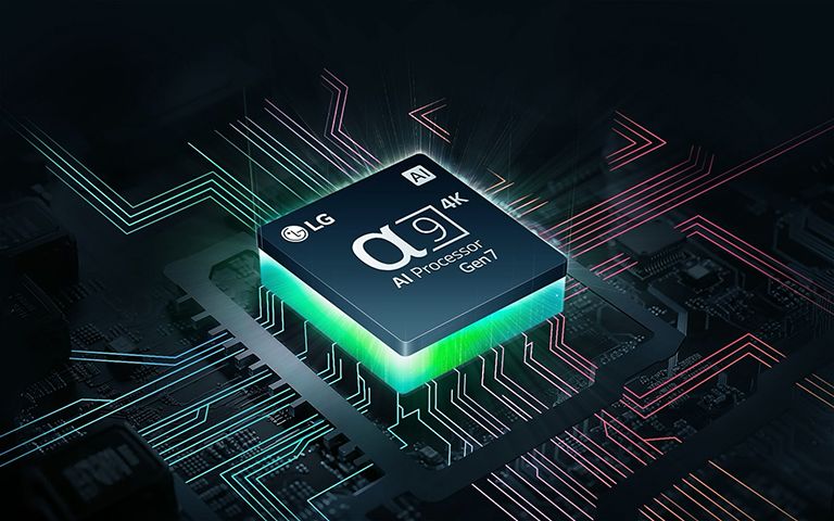 LG „alpha&nbsp;9“ DI „Processor“ 4K Gen7 su apačioje sklindančia žalia šviesa ir nuo DI „Processor“ atsišakojančiomis spalvotomis spausdintinių plokščių linijomis.