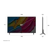 LG 55 colių LG QNED AI 4K išmanusis TV QNED80 2025, Išmaniojo televizoriaus LG QNED AI QNED80 4K vaizdas iš priekio ir šono, nurodant jo ilgį, plotį, aukštį ir gylį., 55QNED80A3A, thumbnail 4