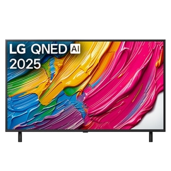 LG QNED80 TV televizoriaus priekinis vaizdas, LG QNED Al logotipas viršutiniame kampe. Televizoriuje LG QNED TV atvaizduojamos spalvingos dažus primenančios tekstūros.1