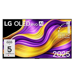 Išmaniojo TV LG OLED evo AI G5 4K vaizdas iš priekio. Ant ekrano yra emblema „12 Years of world number 1 OLED“ ir LG OLED evo AI 2025 logotipas.