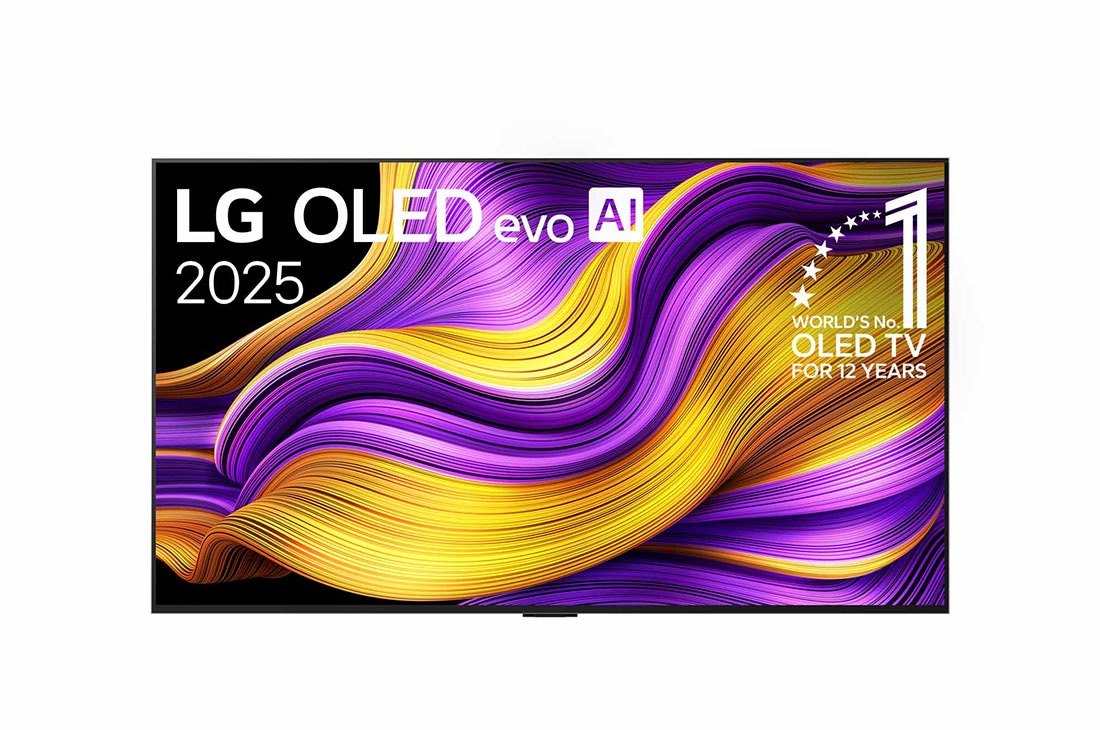 LG 55 colių LG OLED evo AI G5 4K išmanusis TV OLED55G5 2025, Išmaniojo TV LG OLED evo AI G5 4K vaizdas iš priekio. Ant ekrano yra emblema „12 Years of world number 1 OLED“ ir LG OLED evo AI 2025 logotipas., OLED55G51LW