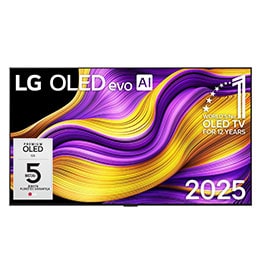 Išmaniojo TV LG OLED evo AI G5 4K vaizdas iš priekio. Ant ekrano yra emblema „12 Years of world number 1 OLED“ ir LG OLED evo AI 2025 logotipas.2
