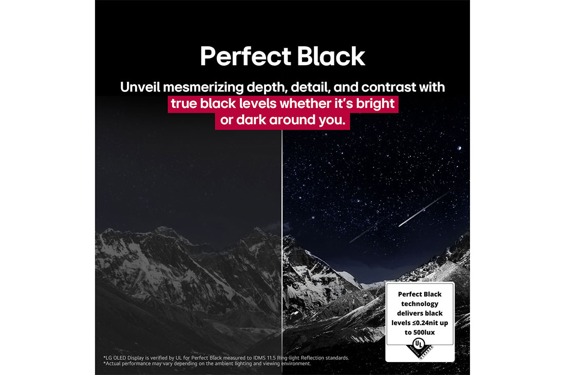 LG 65 collu LG OLED evo AI G5 4K Smart TV 2025, Svetainės erdvė su sieniniu LG OLED TV. TV ekrane – kalnų masyvas, kurio fone – žvaigždžių pilnas tamsus vakaro dangus. Ši scena perskirta per pusę, kad būtų matyti, kaip Perfect Black užtikrina tikrą, OLED65G51LW, thumbnail 8