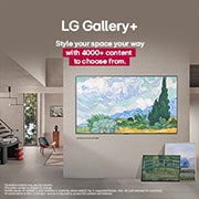 LG 65 collu LG OLED evo AI G5 4K Smart TV 2025, Išmanaus namo interjeras. Eksponuojama daug įvairių meno kūrinių. Centrinėje sienoje yra LG TV su meno kūriniais ekrane. TV atrodo kaip paveikslas iš muziejaus., OLED65G51LW, thumbnail 12